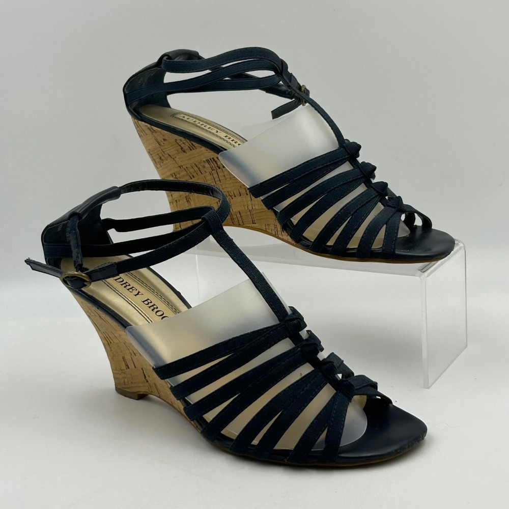 Audrey Brooke Amber Wedge Sandals Women 8M Navy Blue Strappy Cork Coastal Preppy